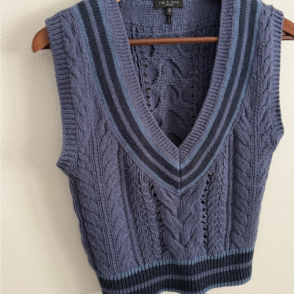 rag & bone Cable Knit Sweater Vest | Blue Contrast | XS | Preppy Academia - Picture 3 of 16